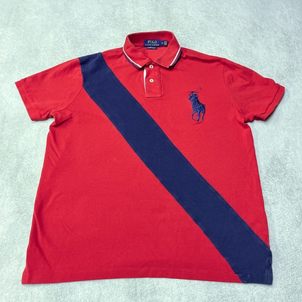 Polo Ralph Lauren Polo Shirt Red Navy Blue Sash Big Pony Custom Slim Fit Mens M